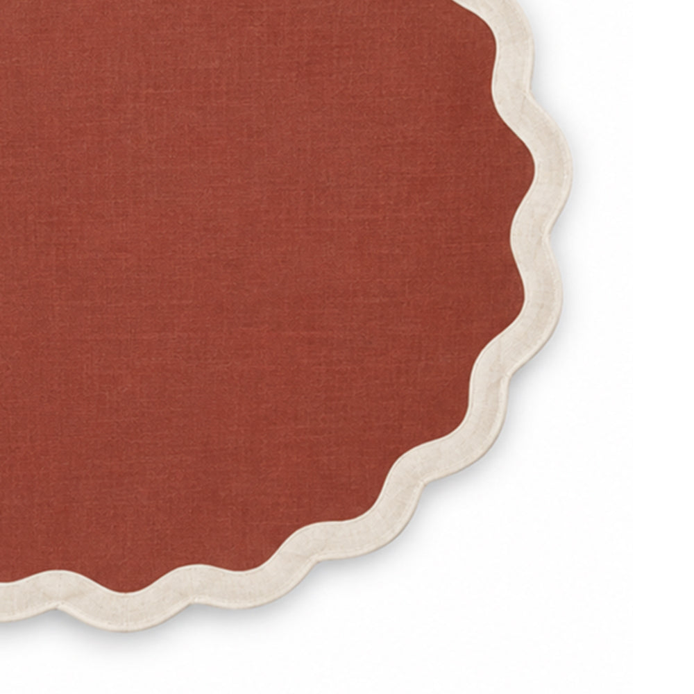 Solid bordeaux cotton placemat with contrasting natural flax scalloped edge trim, warm decorative fabric table mat for rustic dining rooms