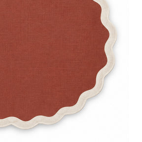 Solid bordeaux cotton placemat with contrasting natural flax scalloped edge trim, warm decorative fabric table mat for rustic dining rooms