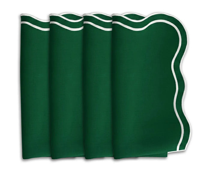 green scalloped edge cotton napkins with fine embroidery. Made from 100% cotton embroidered green cloth napkins for everyday and festive dining