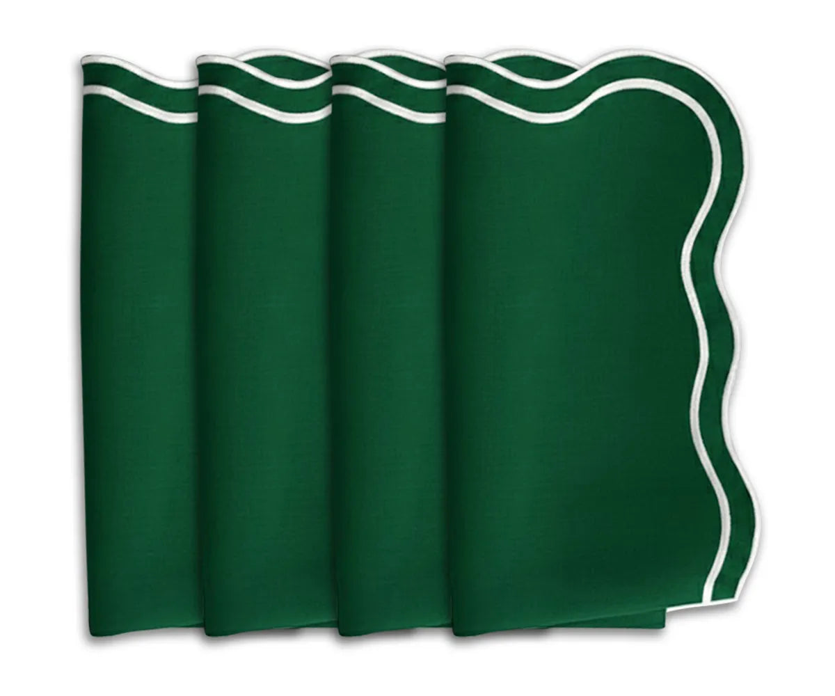 green scalloped edge cotton napkins with fine embroidery. Made from 100% cotton embroidered green cloth napkins for everyday and festive dining