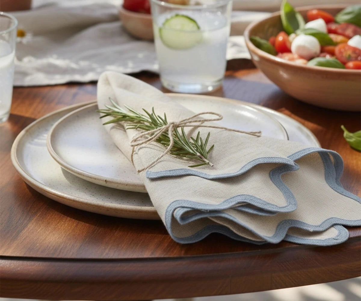 Luxury scalloped linen napkin made from European flax for upscale dining