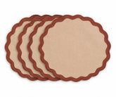 desert sunset cotton placemat with contrasting bordeaux scalloped edge trim, warm fabric table mat for dining room decor, rustic table settings, family dinners, and entertaining guests