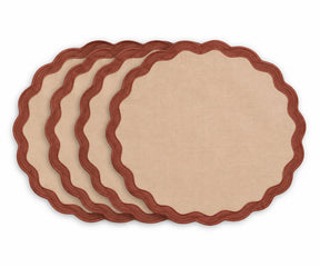 desert sunset cotton placemat with contrasting bordeaux scalloped edge trim, warm fabric table mat for dining room decor, rustic table settings, family dinners, and entertaining guests