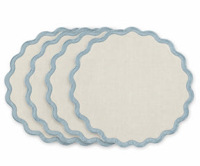 Natural flax cotton dining placemat with dusty blue scalloped border, reusable table accessory for coastal, cottage, Scandinavian, farmhouse, and relaxed home dining decor