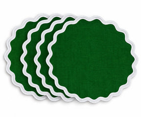 Green and white cotton placemat with scalloped edge trim, decorative fabric table mat