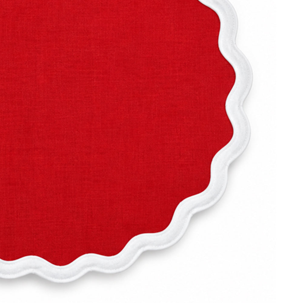 Red cotton dining placemat with contrasting white scalloped border, reusable table setting accessory for farmhouse kitchens