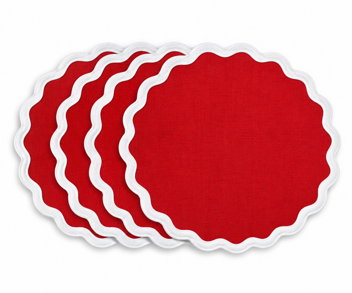 Red cotton placemat with white scalloped edges, classic decorative table mat for dining room tables, farmhouse kitchen decor, everyday meals, and special occasions