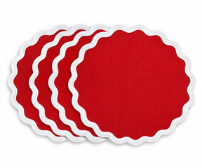 Red cotton placemat with white scalloped edges, classic decorative table mat for dining room tables, farmhouse kitchen decor, everyday meals, and special occasions
