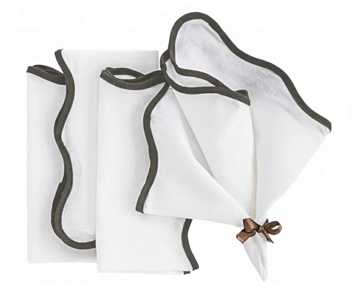 Charcoal scalloped cotton napkins – elegant reusable cloth napkins with stitched scalloped border.