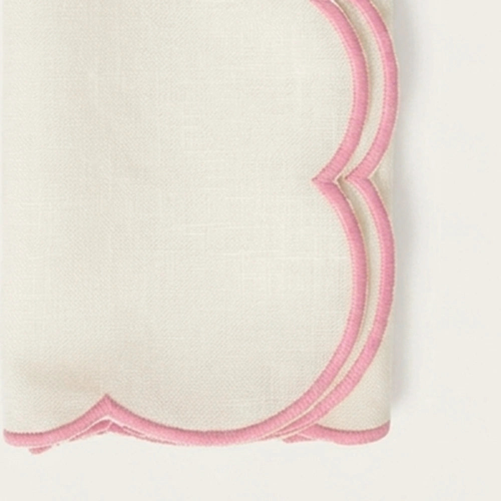 ivory cloth napkins with pink scalloped border, luxury reusable cotton table linens for romantic dinners and party table settings
