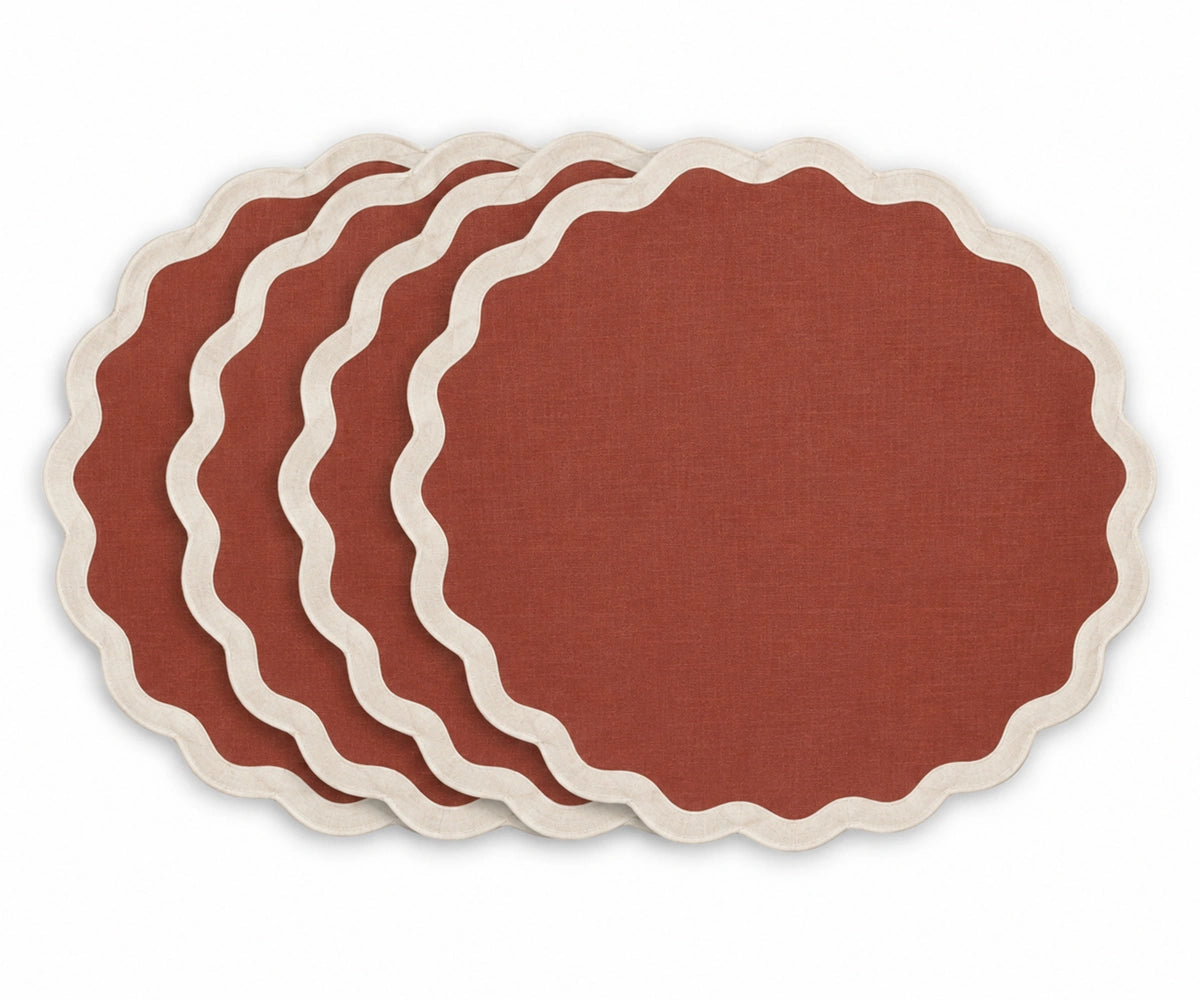 Bordeaux cotton dining placemat featuring a natural flax scalloped border, reusable table accessory for rustic, traditional, farmhouse, autumn, and elegant dining table settings