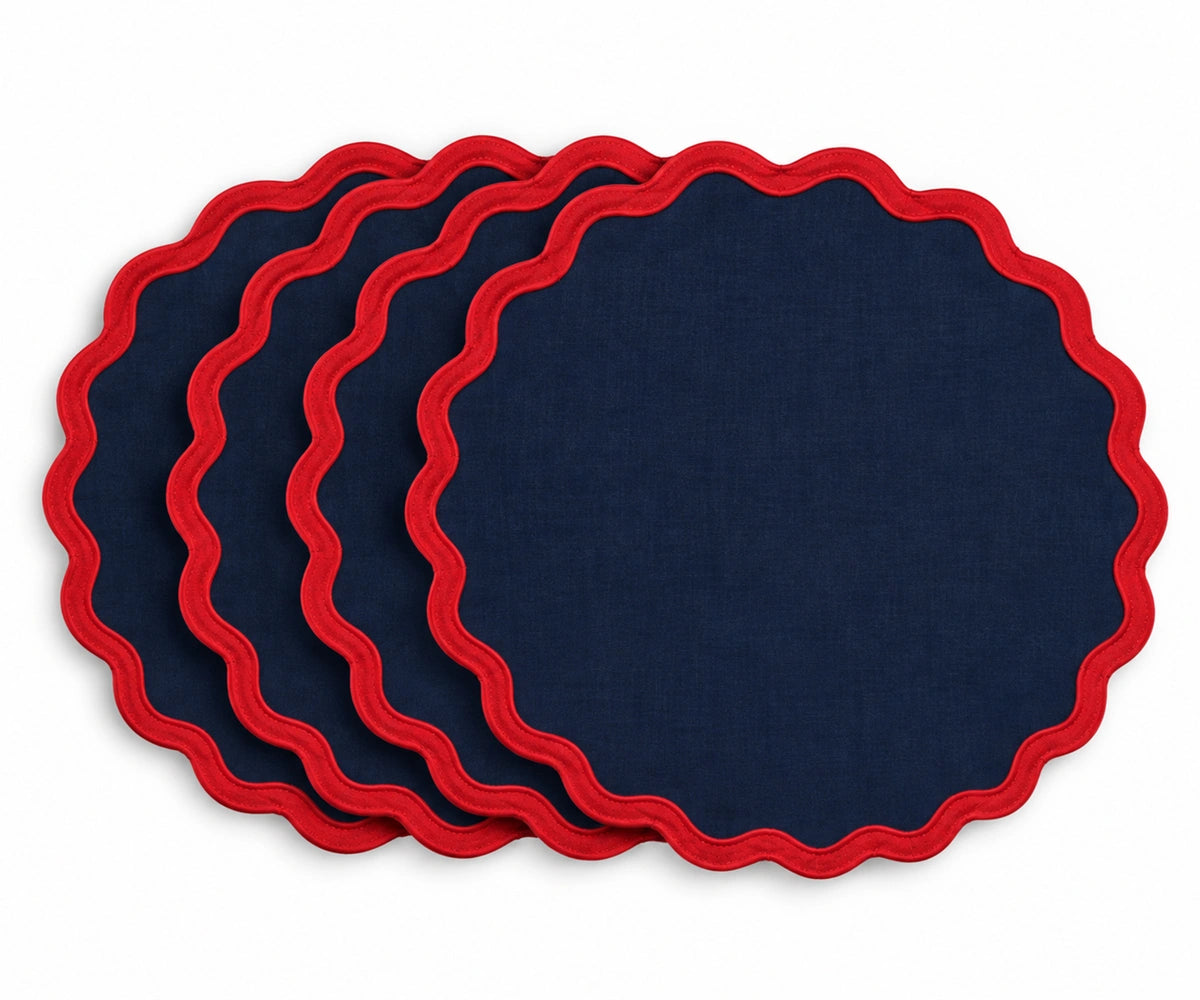 Navy blue cotton placemat with scalloped edge trim, decorative fabric table mat for elegant dining table settings, farmhouse dining decor, everyday meals, and entertaining