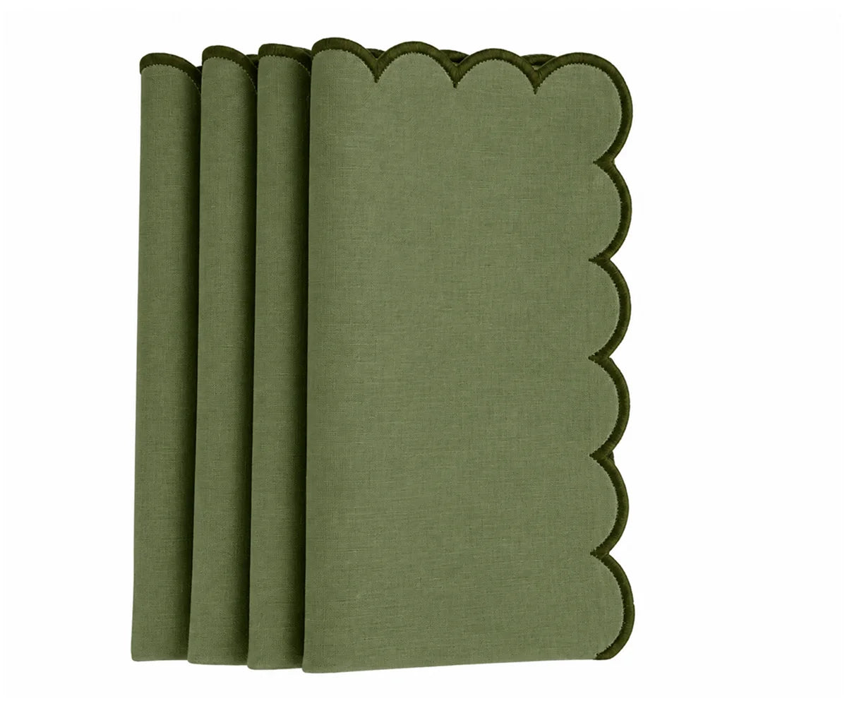 Olive green cotton dinner napkin with scalloped edges for rustic and natural table settings.