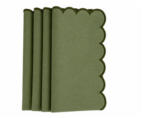 Olive green cotton dinner napkin with scalloped edges for rustic and natural table settings.