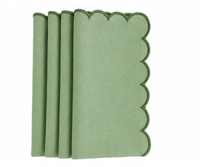 Sage green cotton dinner napkin with scalloped edges for elegant table settings and everyday dining.