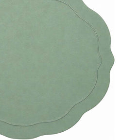sage green oval scalloped edge placemats made from 100% cotton with elegant embroidery, washable reusable table mats for modern farmhouse and everyday dining décor.