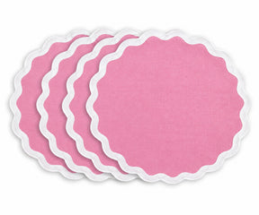 Soft pink cotton dining placemat featuring a white scalloped border, reusable table accessory for cottage, farmhouse, romantic, feminine, baby shower, and elegant table settings