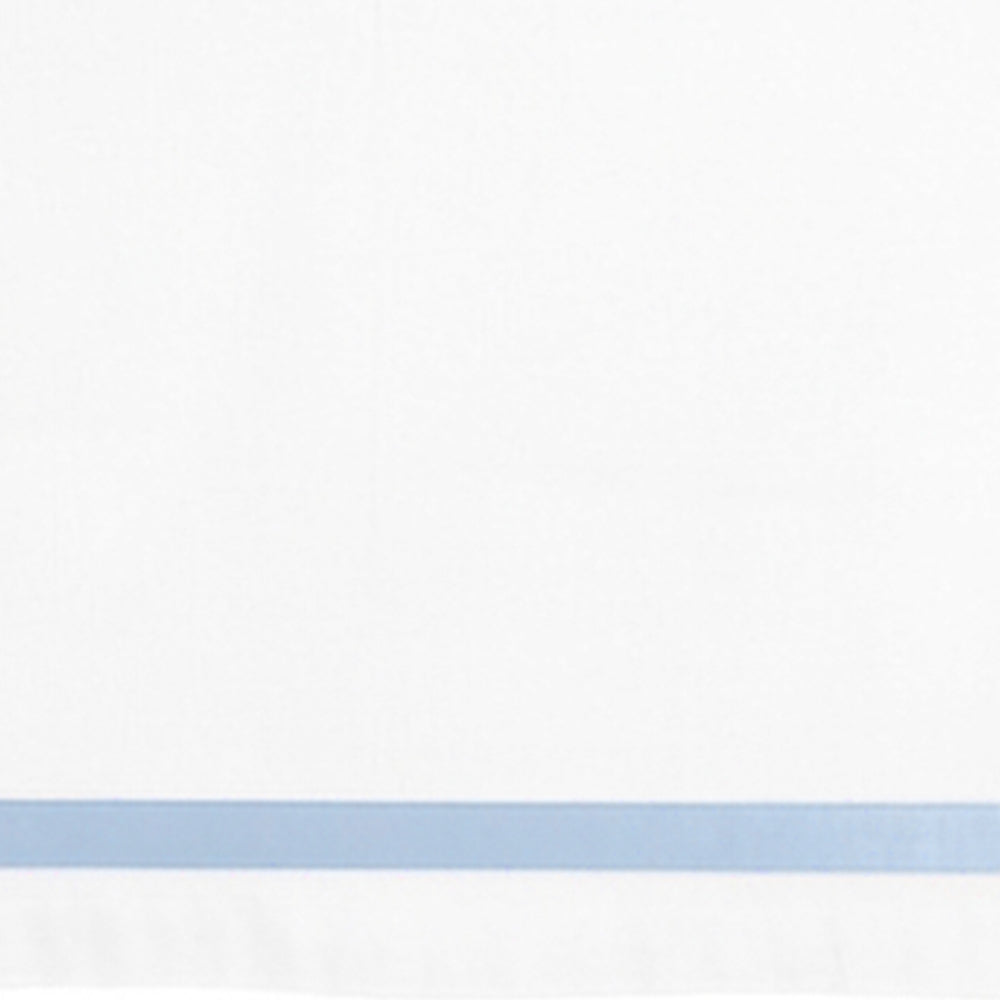 White fabric with a thin light blue horizontal stripe near the bottom edge.