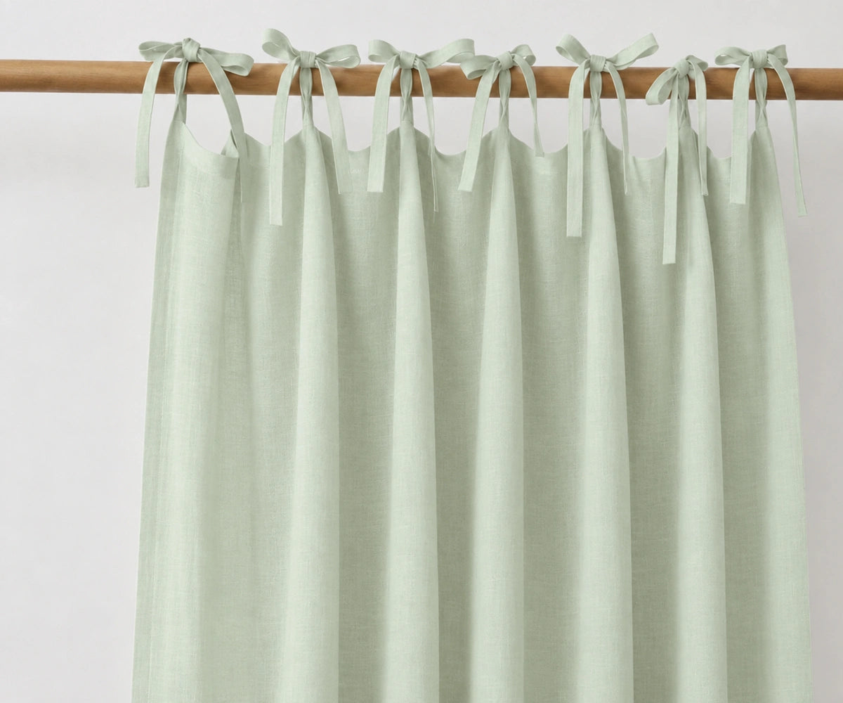 Sea foam linen curtain panels with adjustable tie top, breathable light filtering window curtains for bedroom, farmhouse and minimalist interiors