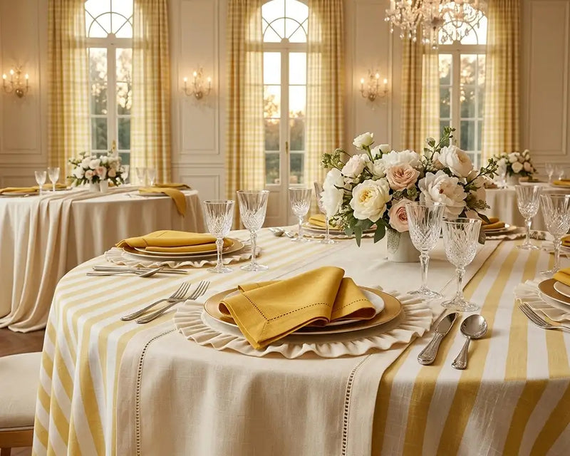 Elegant dining room with a table set for a meal, featuring yellow and white tablecloth, plates, and flowers.