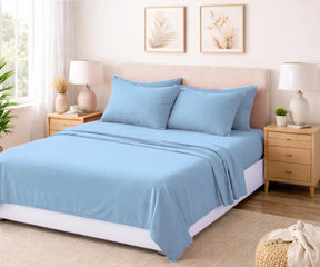 Sky blue European flax linen sheet set, airy breathable luxury bedding for coastal bedroom styling