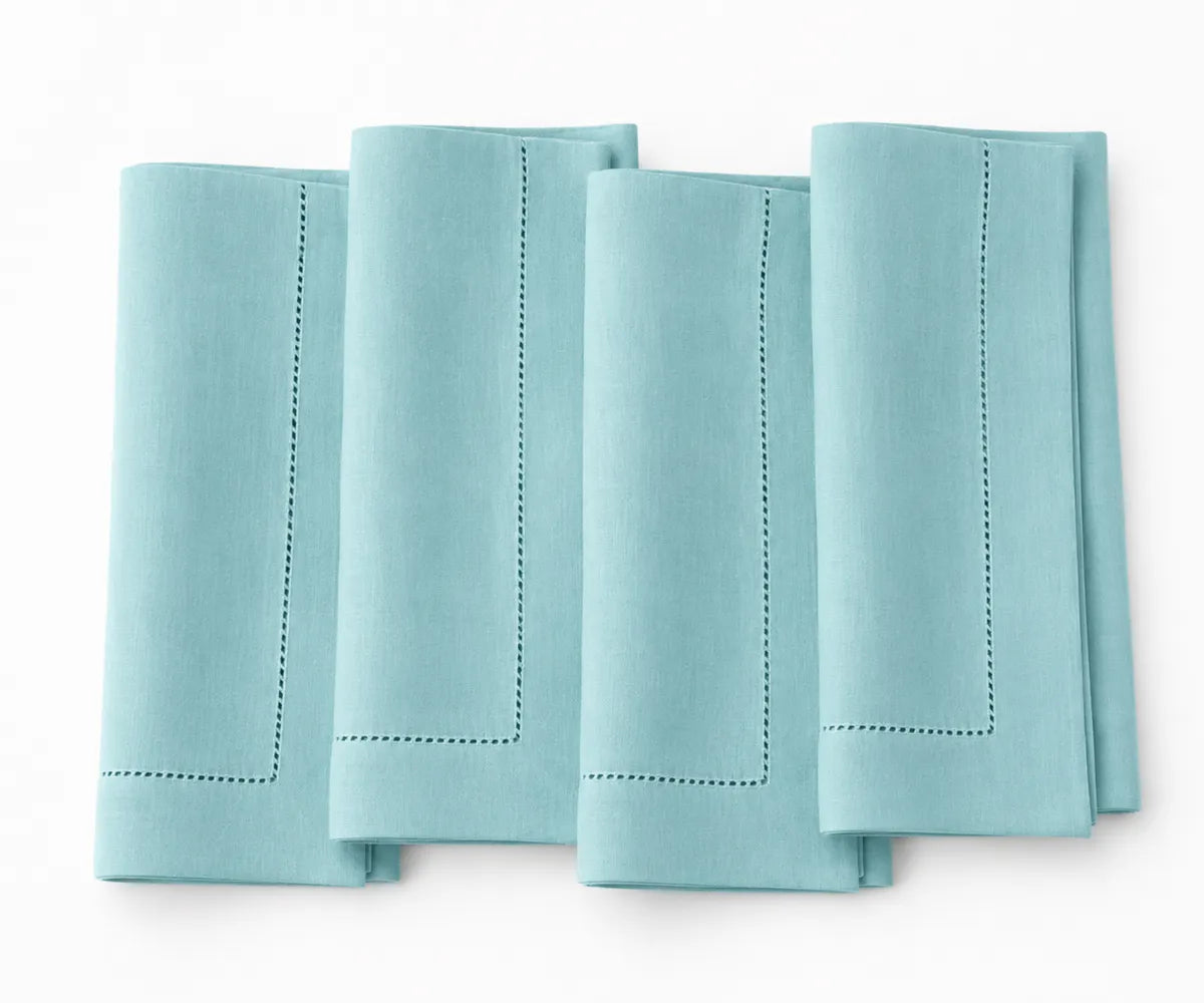 Sky blue 100% cotton hemstitch cloth napkins with elegant stitched border, reusable washable dinner napkins for weddings, restaurants, Thanksgiving, parties, and everyday dining, available in 18x18, 20x20, and 22x22 inch sizes.