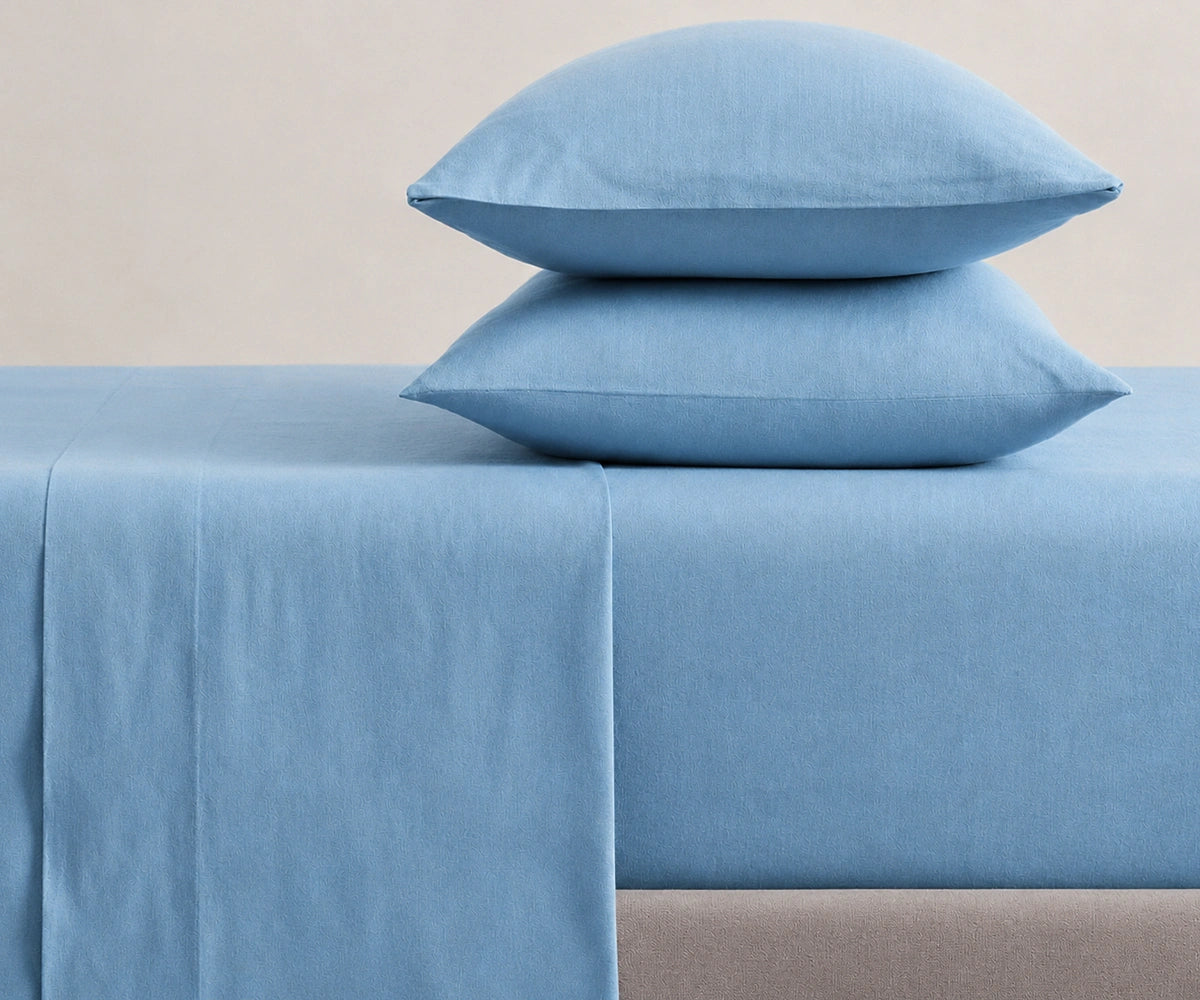 Sky Blue European linen fitted sheet made from premium flax linen, breathable deep pocket fitted sheet for luxury bedding