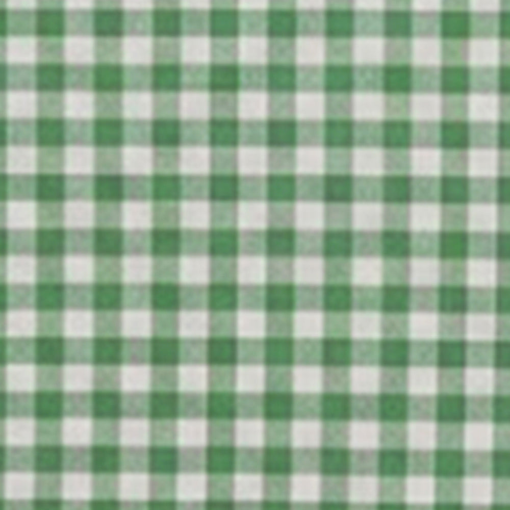 Green and white gingham checked cotton fabric swatch showing a small check pattern.