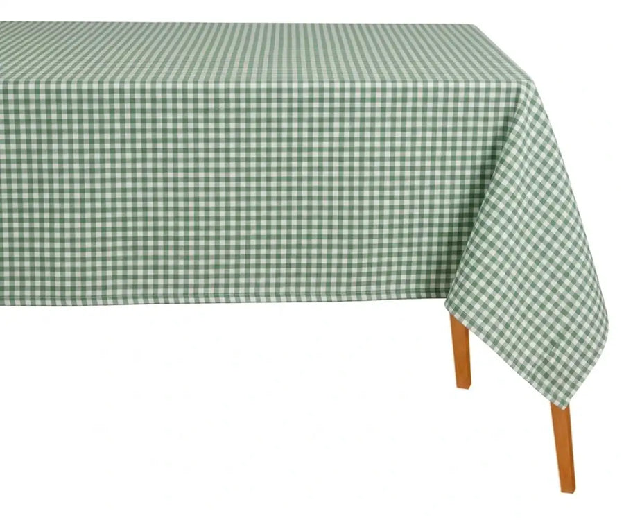Sage green and white cotton buffalo plaid rectangular tablecloth with classic gingham checkered design for farmhouse dining