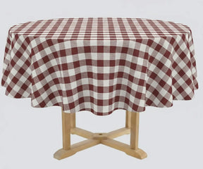 Dark red and white plaid round tablecloth on a dining table, 60 inch cotton farmhouse style