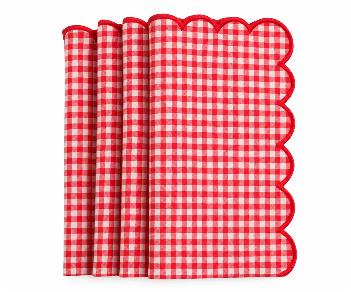 Set of red and white gingham cotton dinner napkins with red scalloped embroidered edges