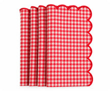 Set of red and white gingham cotton dinner napkins with red scalloped embroidered edges