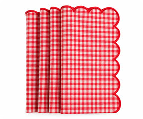 Set of red and white gingham cotton dinner napkins with red scalloped embroidered edges