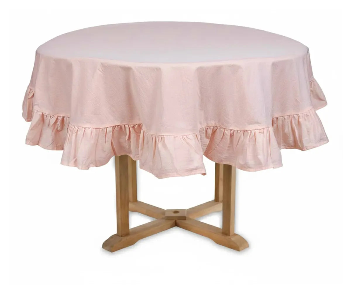 Baby pink ruffled round tablecloth in soft cotton for romantic weddings and elegant parties