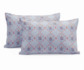 Luxury linen bed sheet set featuring blue floral medallion trellis pattern with pillowcases