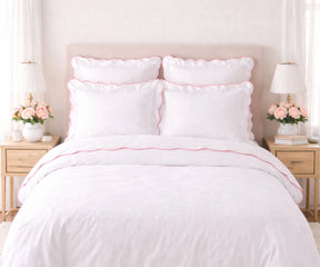 Soft pink 100% cotton scalloped trim sheet set queen size with deep pocket fitted sheet