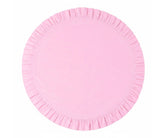 Pink round cotton ruffle placemat, decorative dining accessory.