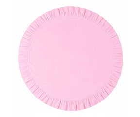 Pink round cotton ruffle placemat, decorative dining accessory.