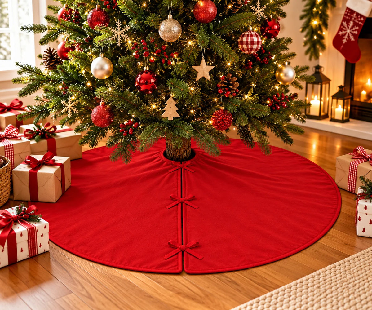 Solid red Christmas tree skirt with bow ties around a decorated holiday tree.