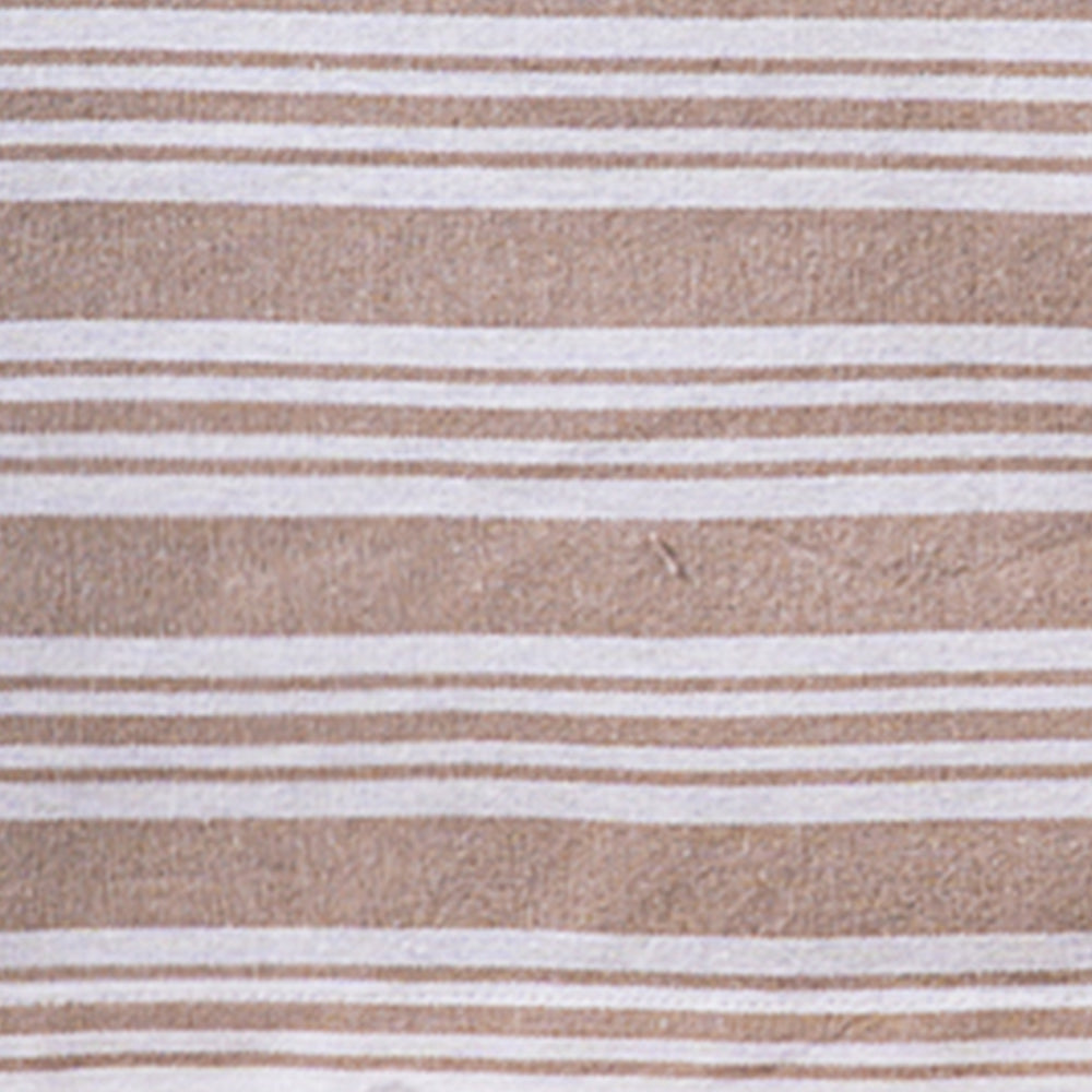 Close-up fabric swatch of a beige and white striped cotton tablecloth showing the woven textile texture.