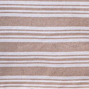 Close-up fabric swatch of a beige and white striped cotton tablecloth showing the woven textile texture.