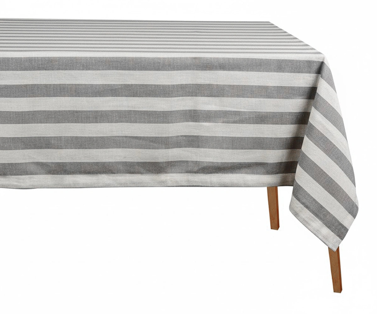 Grey and white cabana stripe tablecloth rectangle made from 100% cotton, washable striped dining table linen