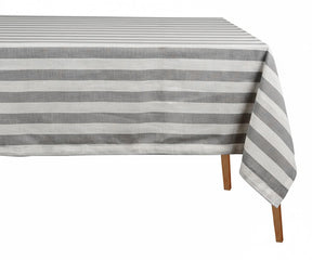 Grey and white cabana stripe tablecloth rectangle made from 100% cotton, washable striped dining table linen