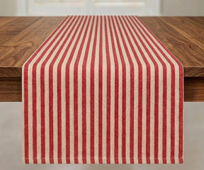 Red and white striped farmhouse table runner in 100% cotton with herringbone weave, styled on dining table decor