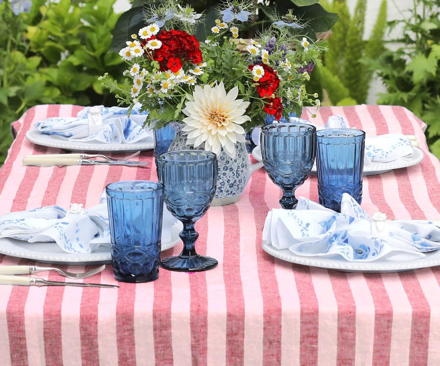 Red and white striped linen tablecloth