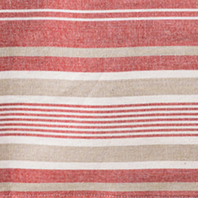 Close-up fabric swatch of a red, beige, and white striped cotton tablecloth showing the woven textile texture.