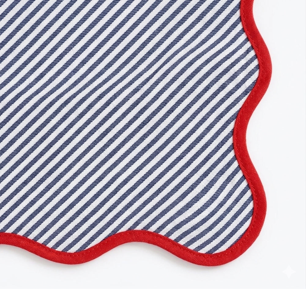 Navy blue and white striped cloth napkins made from 100% cotton, featuring a contrasting red border for coastal, farmhouse, and everyday table settings.