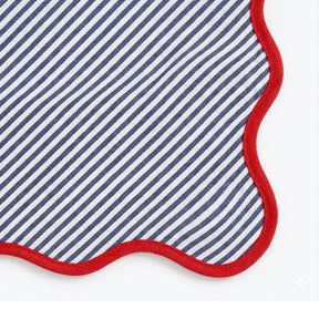 Navy blue and white striped cloth napkins made from 100% cotton, featuring a contrasting red border for coastal, farmhouse, and everyday table settings.