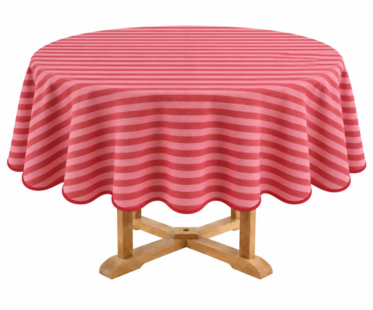 60 inch round striped cotton linen tablecloth with decorative scalloped border for everyday dining