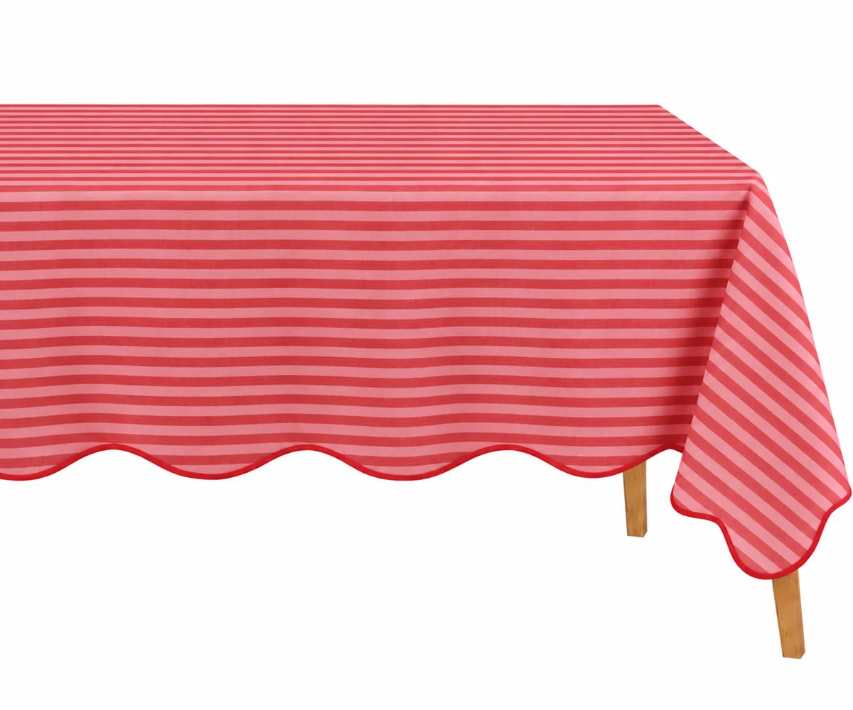 Red striped scalloped tablecloth with decorative wavy edges, perfect for festive dining, holiday gatherings, Christmas table décor, farmhouse kitchens, and special occasions